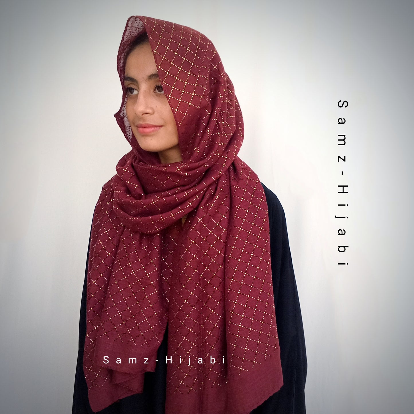 Gold Mukesh Viscose Check Hijab-Maroon