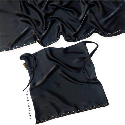 Luxurious Satin Silk Hijab Naqab Set-Black