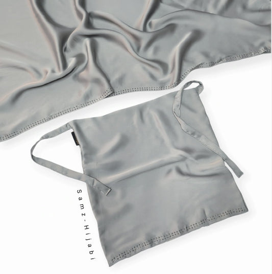 Luxurious Satin Silk Hijab Naqab Set-Silver 1