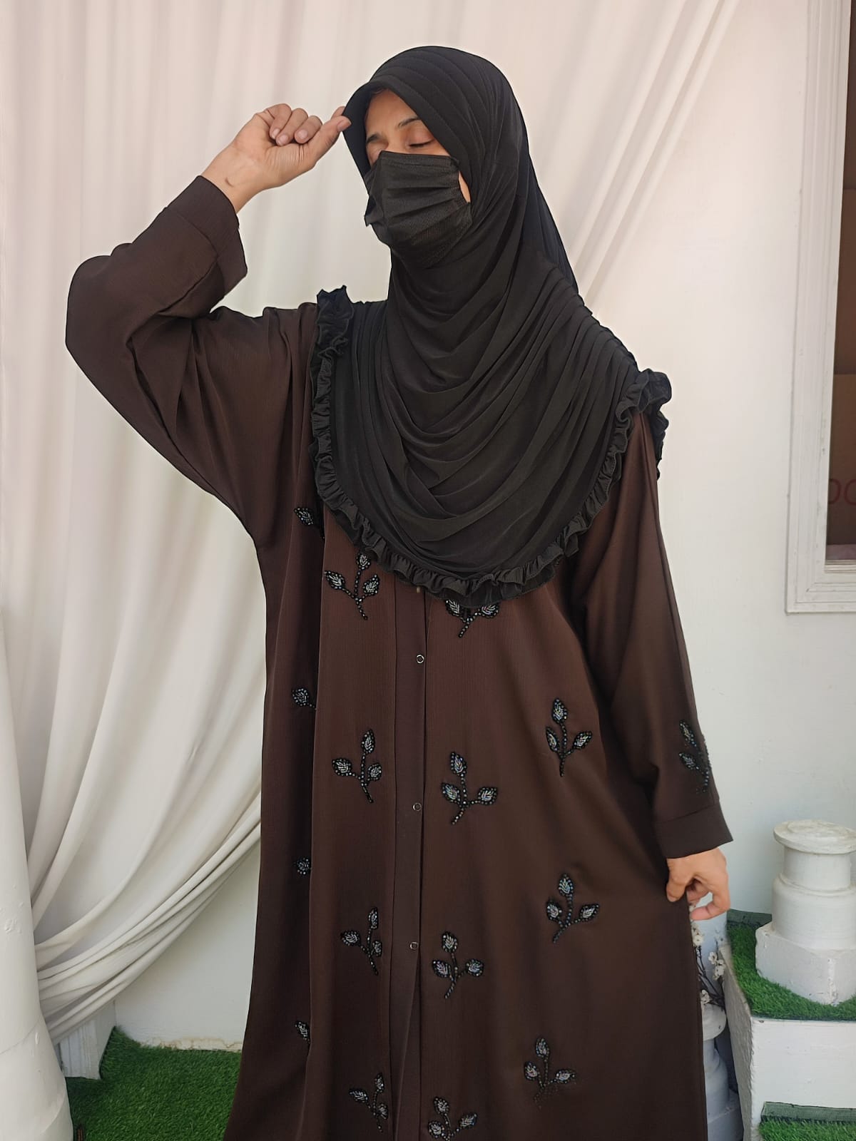 Stone Beads Work Abaya Set-Brown