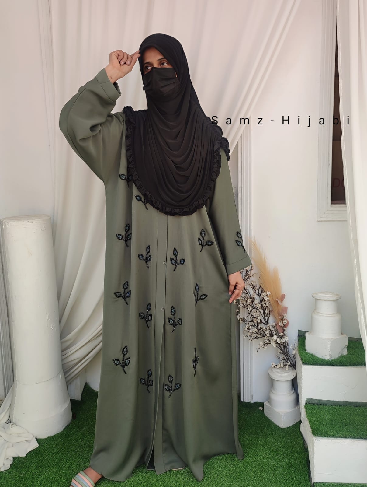 Stone Beads Work Abaya Set_ Pistachio