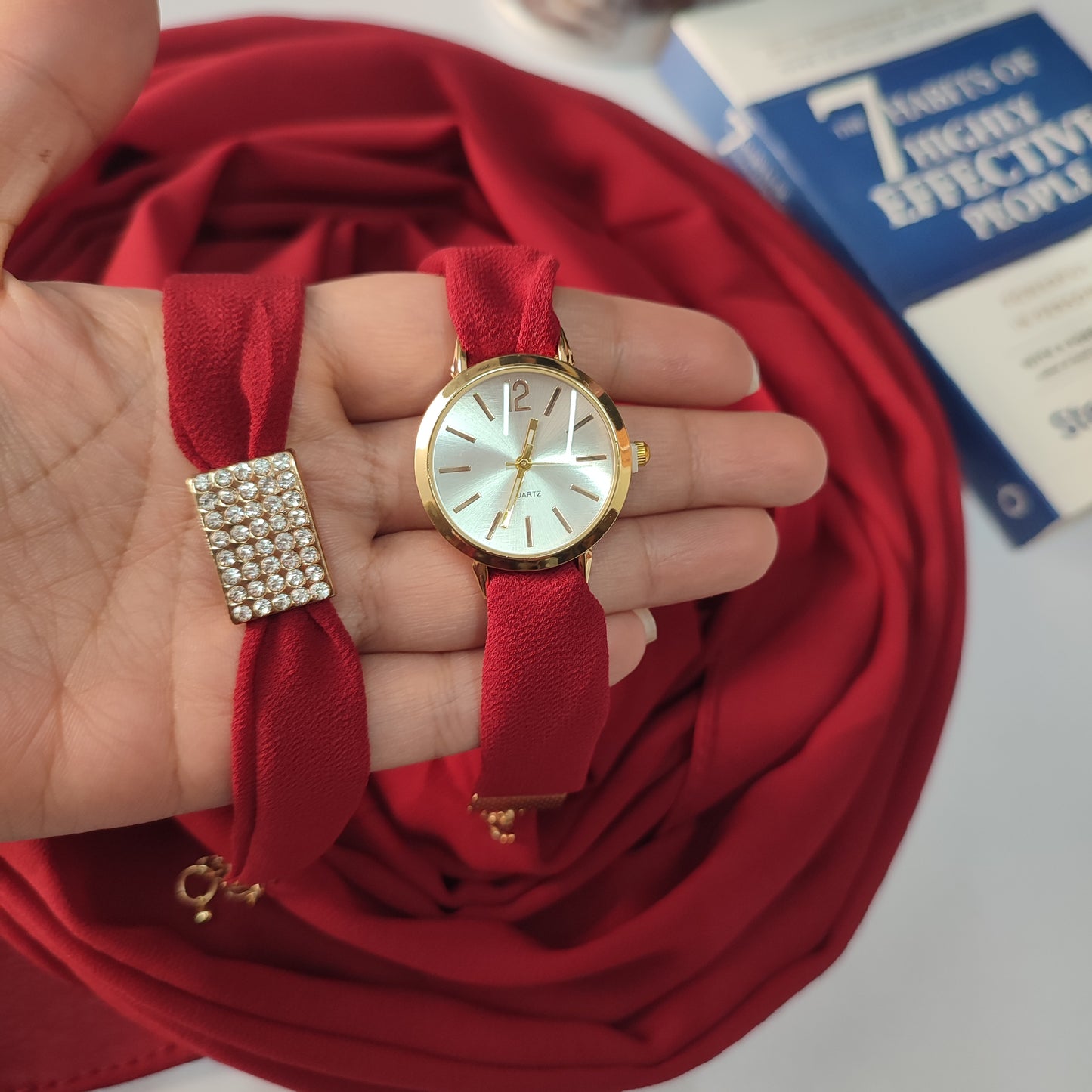 Watch Bracelet And Hijab Set _ Cherry Red