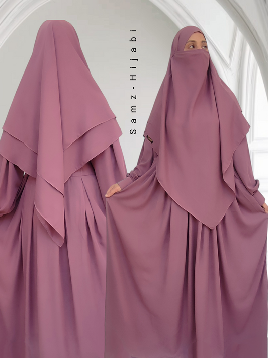 Double Layer Khimar with Abaya Set-Onion Pink