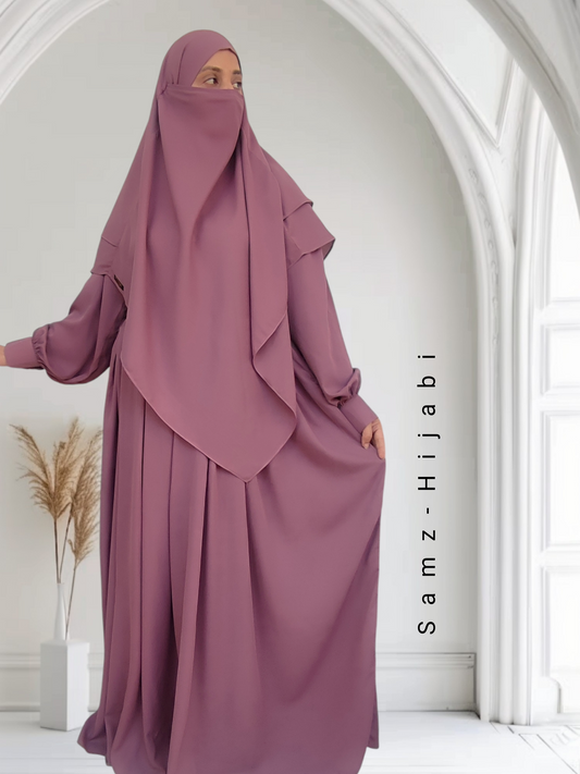 Double Layer Khimar with Abaya Set-Onion Pink