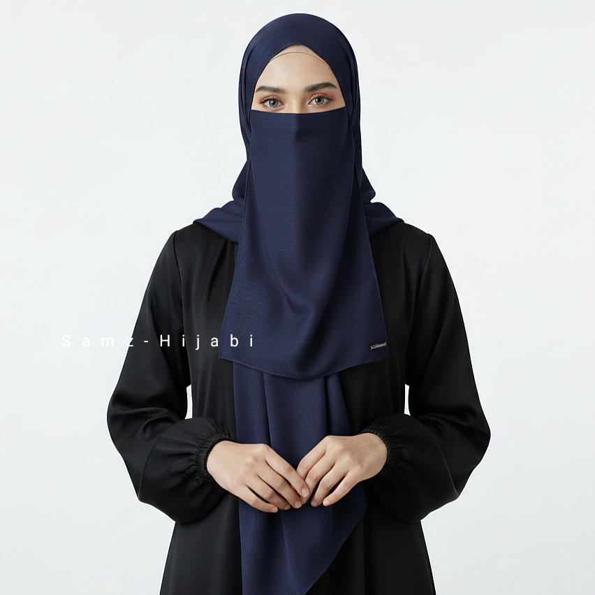 Crinkle Silk Hijab Naqab Set- Navy blue