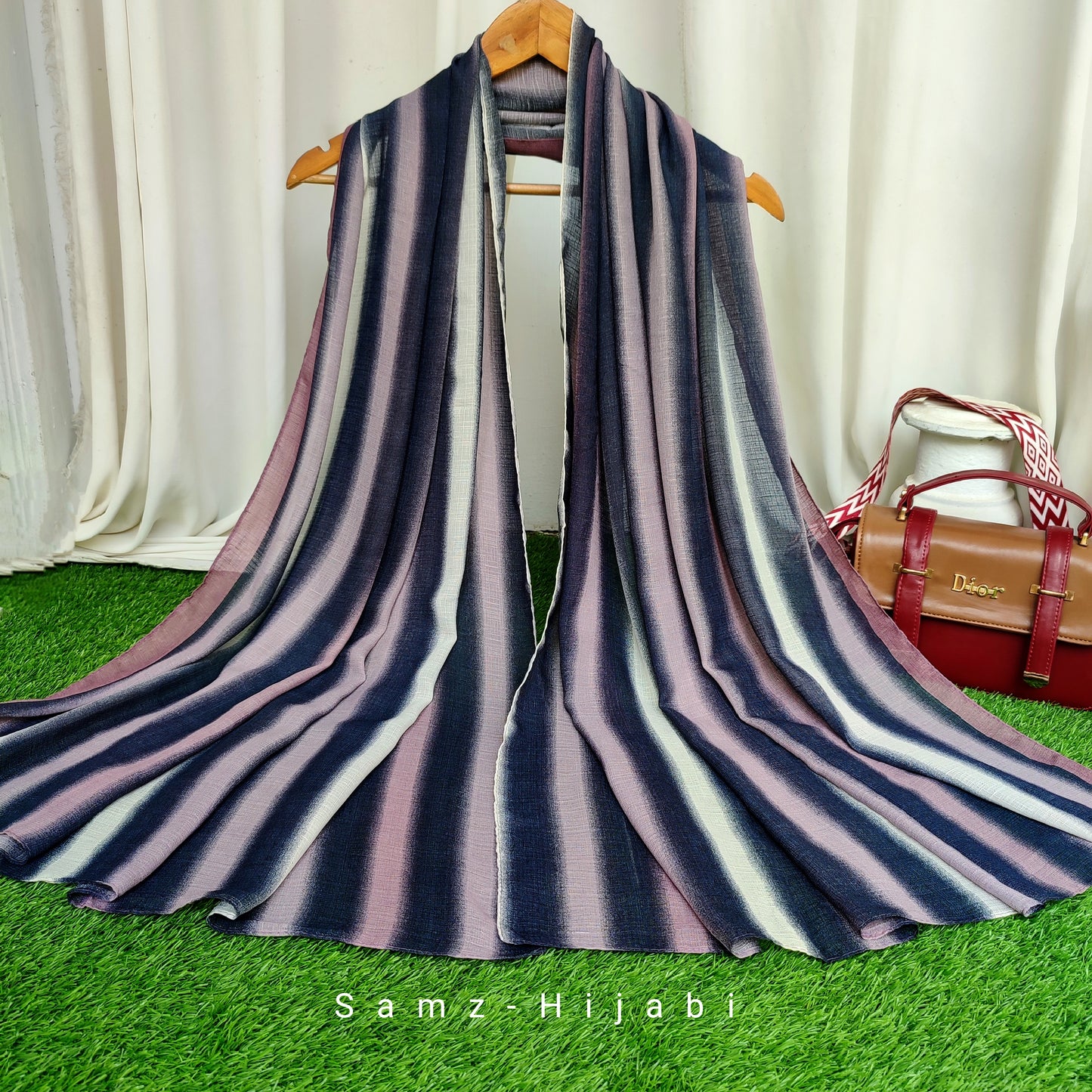 Multi Striped Morrocon Lawn Hijab _ Tea Pink Navy