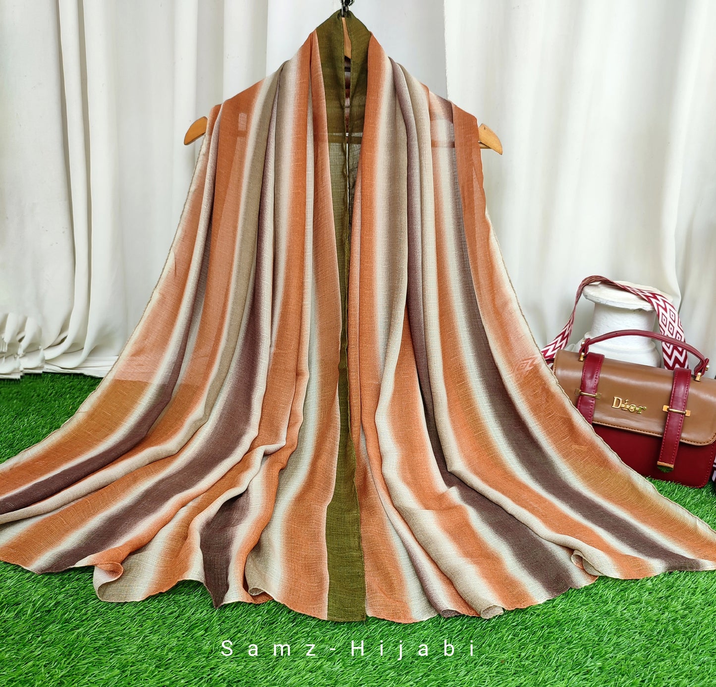 Multi Striped Morrocon Lawn Hijab _ Mustard Brown