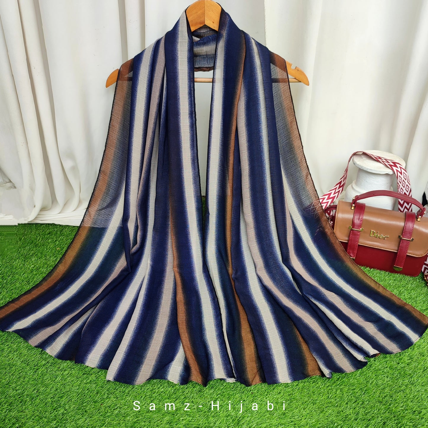 Multi Striped Morrocon Lawn Hijab _ Blue Mustard