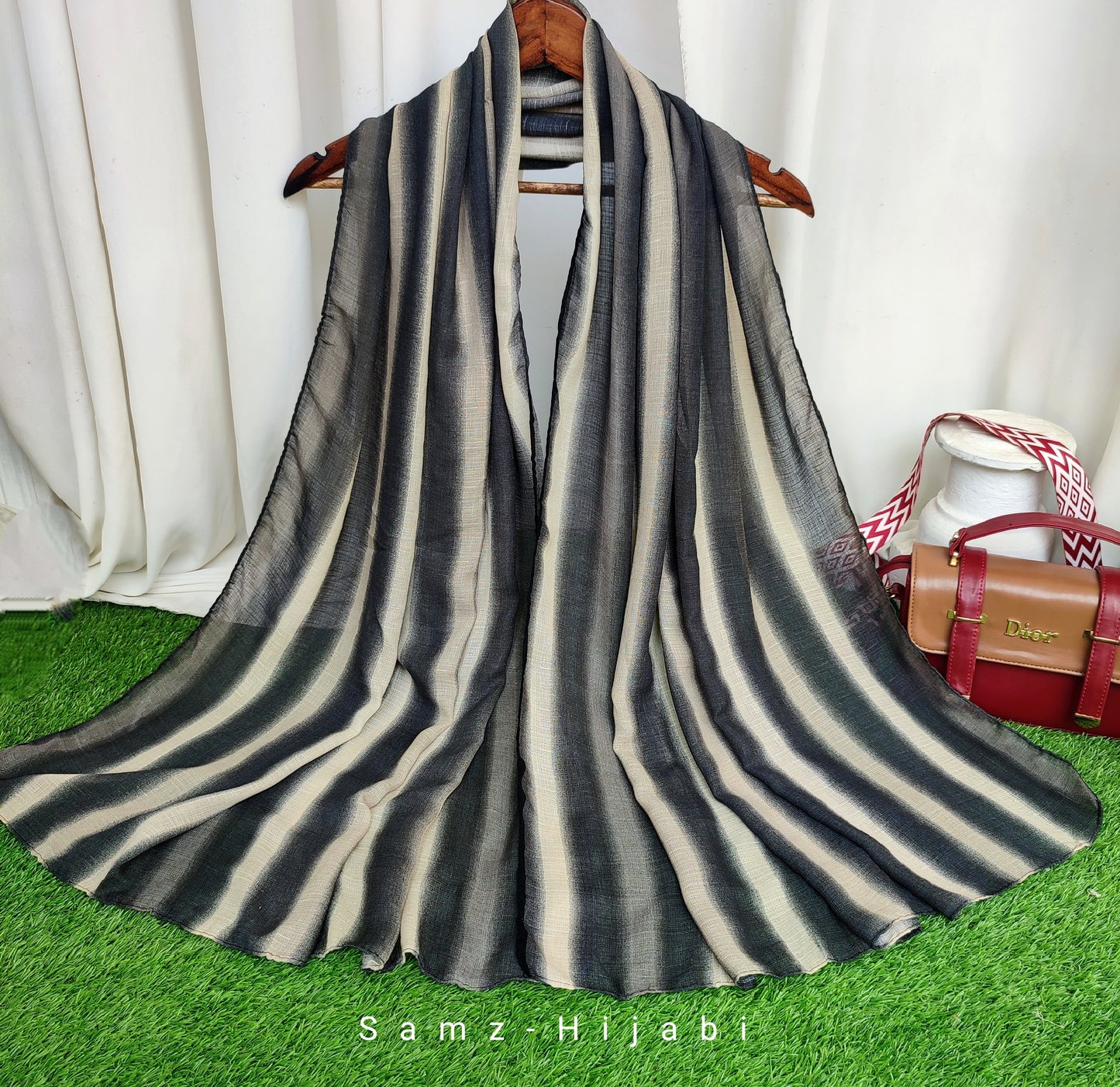 Multi Striped Morrocon Lawn Hijab _Grey White