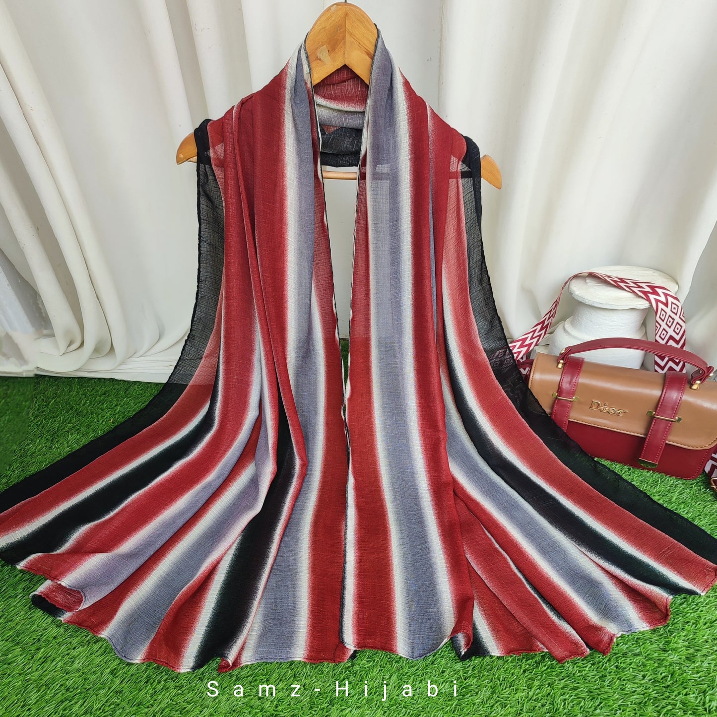 Multi Striped Morrocon Lawn Hijab _ Maroon Gray