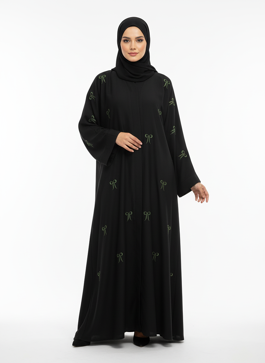 Bow Embroidered Front-Open Abaya- Black 3