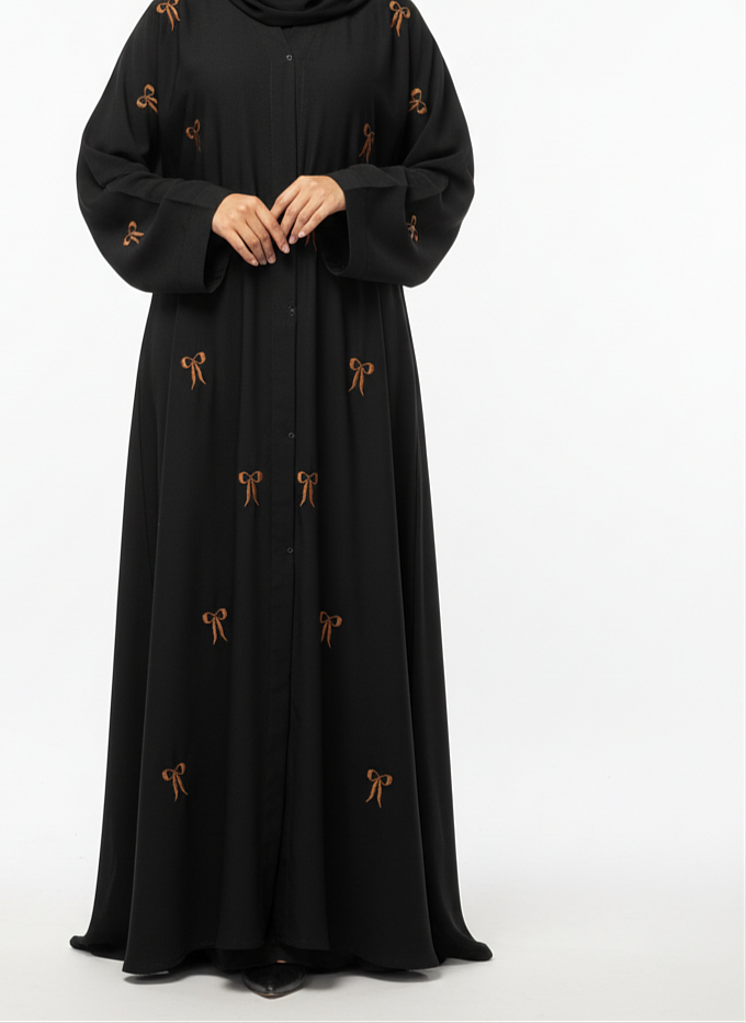 Bow Embroidered Front-Open Abaya- Black 2
