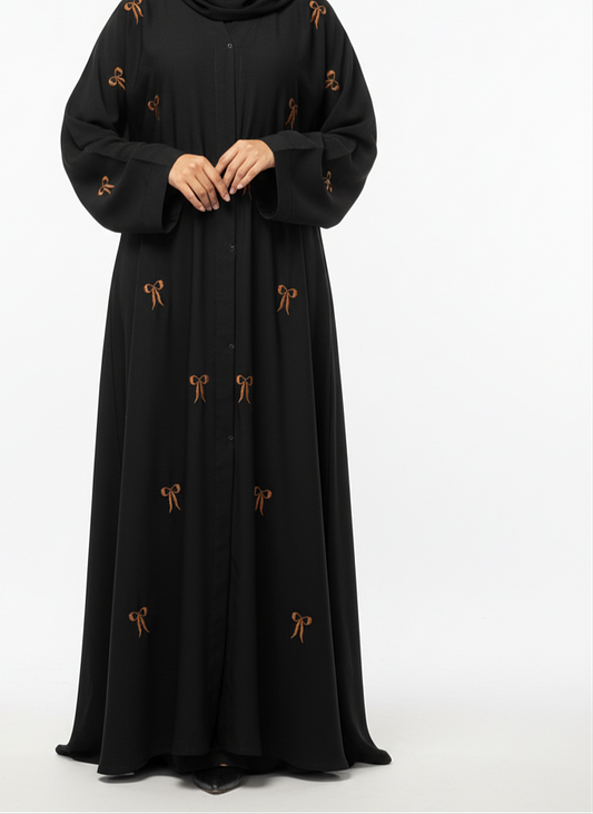 Bow Embroidered Front-Open Abaya- Black 2