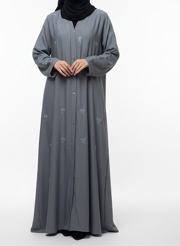 Bow Embroidered Front-Open Abaya- Grey