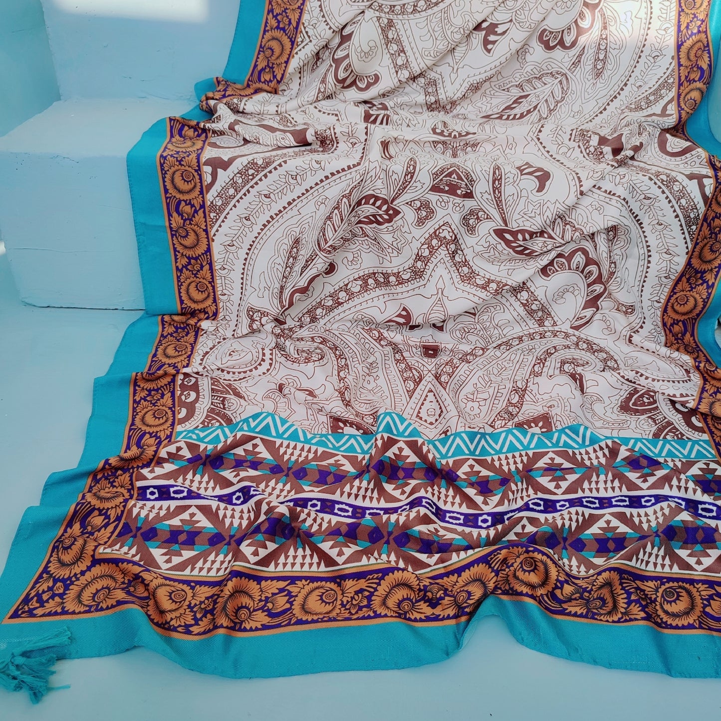 Ethnic Viscose Hijab - Aqua Border