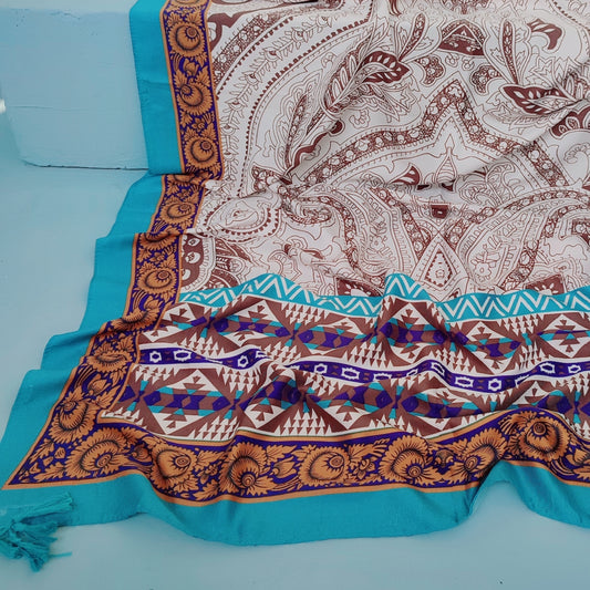 Ethnic Viscose Hijab - Aqua Border