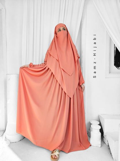 Three Layer Khimar Abaya Set-Peach