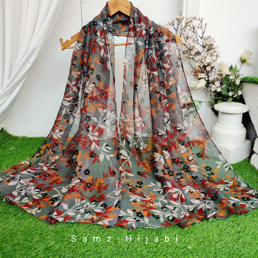 Breezy Lawn Hijab _Grey Printed Red