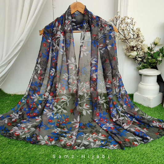 Breezy Lawn Hijab _Grey Printed Blue