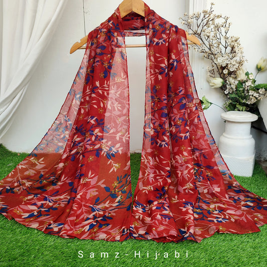Breezy Lawn Hijab _ Red Printed Blue