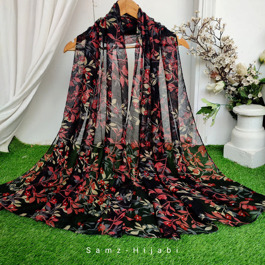 Breezy Lawn Hijab_ Black Printed Red