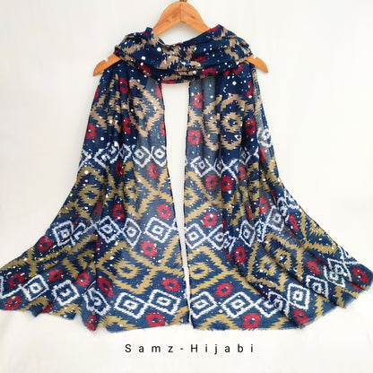 Ajrak Art Foil Lawn Hijab-Blue