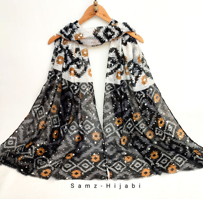 Ajrak Art Foil Lawn Hijab-Black White