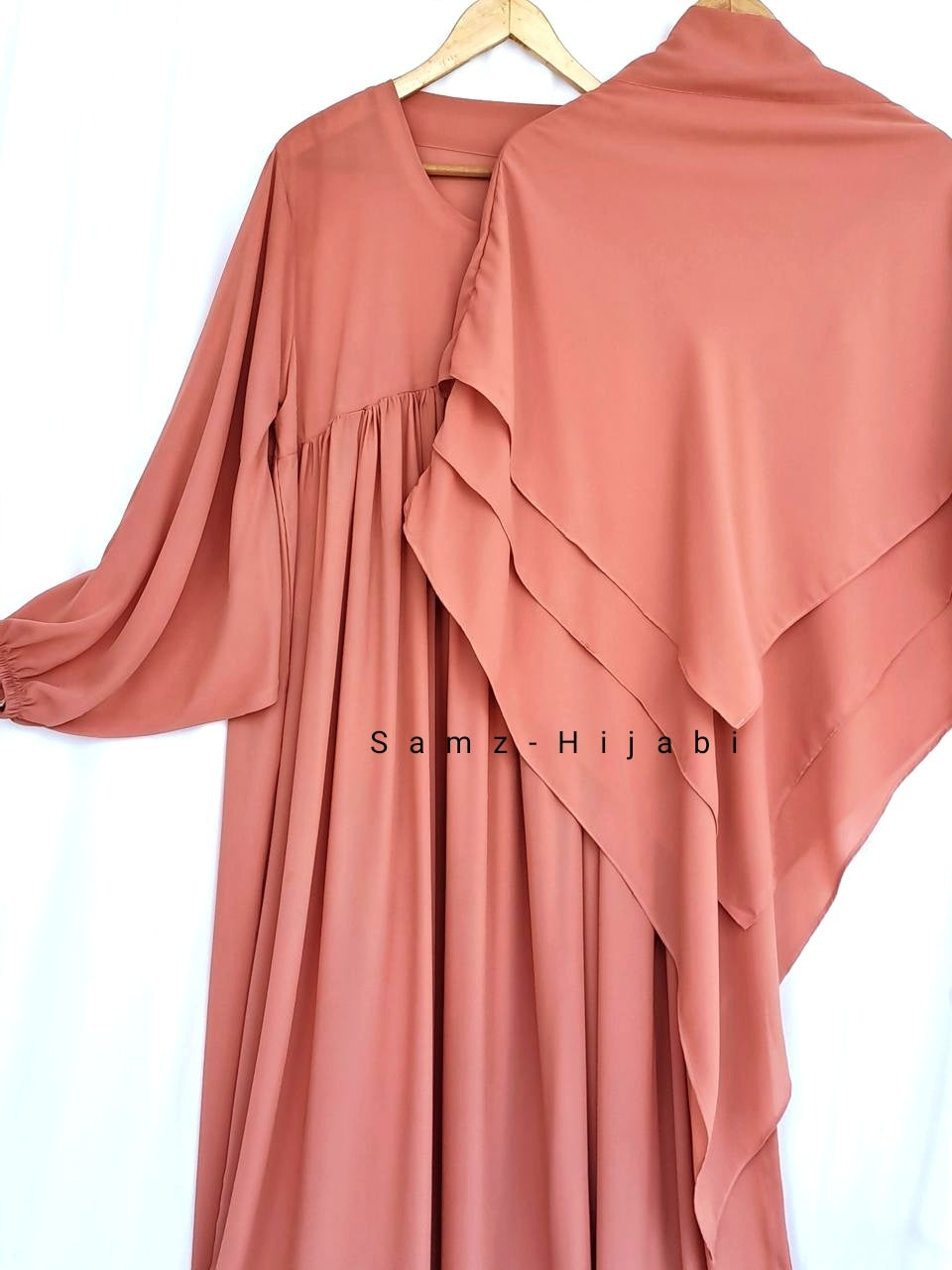 Three Layer Khimar Abaya Set-Peach