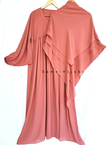 Three Layer Khimar Abaya Set-Peach