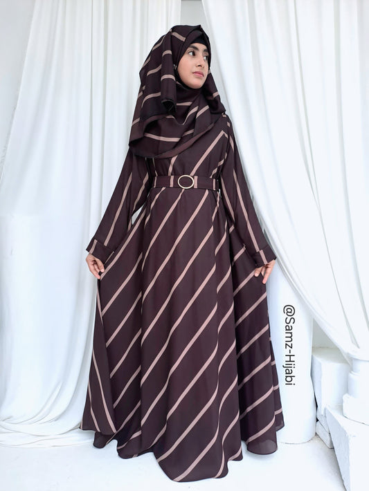 Diagonal Line Umbrella Flyer Abaya-Chocolate Brown