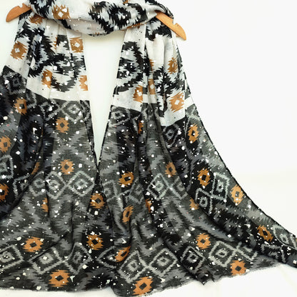 Ajrak Art Foil Lawn Hijab-Black White