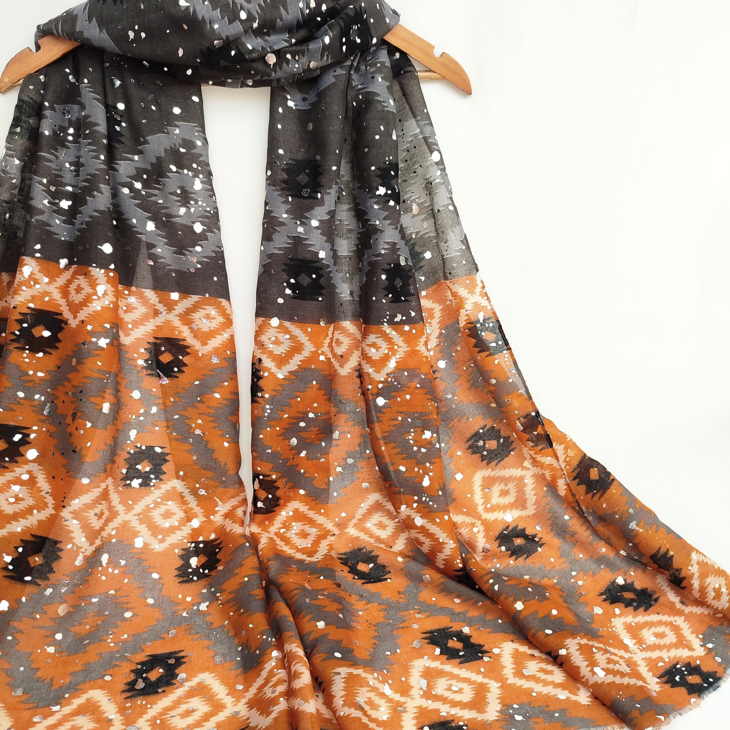 Ajrak Art Foil Lawn Hijab-Grey Orange