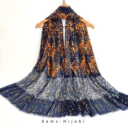 Abstract Art Foil Lawn Hijab-Blue Orange