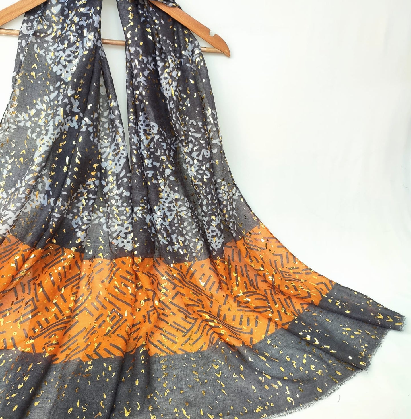 Abstract Art Foil Lawn Hijab- Orange Grey