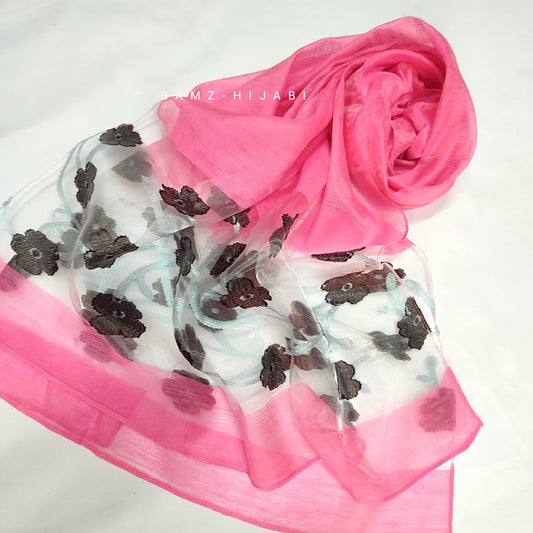 Organza floral border- hot pink brown