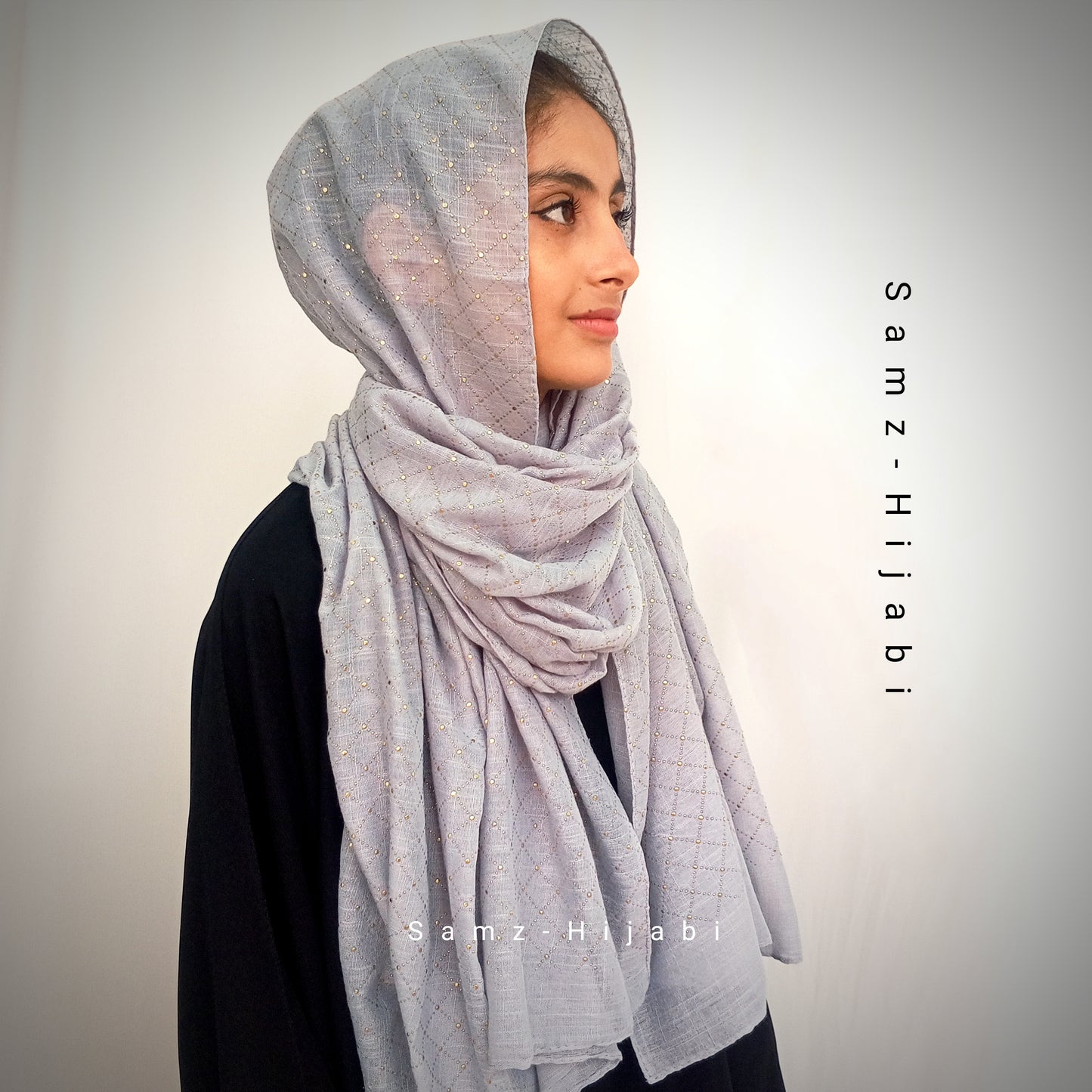 Gold Mukesh Check Lawn Hijab-Grey