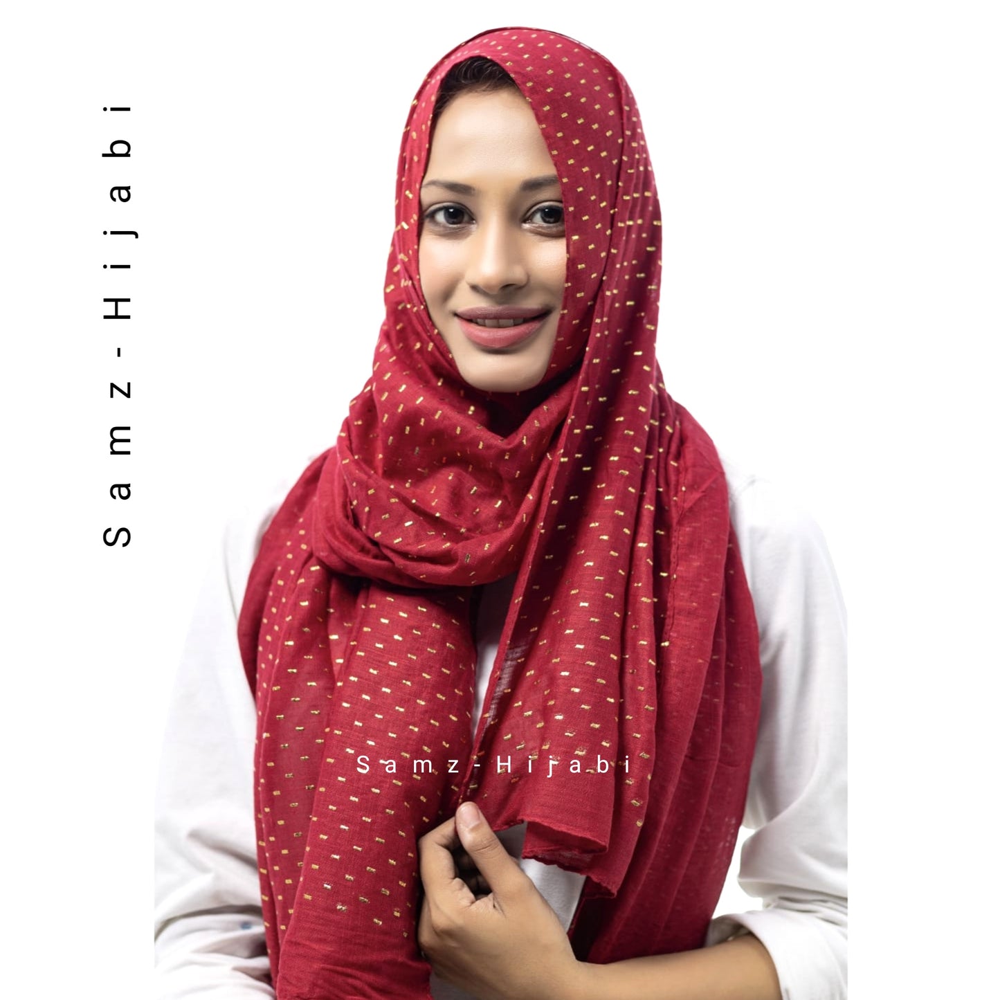 Gold Turkish Mukesh Lawn Hijab-Cherry Red