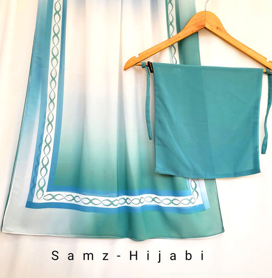 Printed  Hijab With Plain Naqab-Turquoise