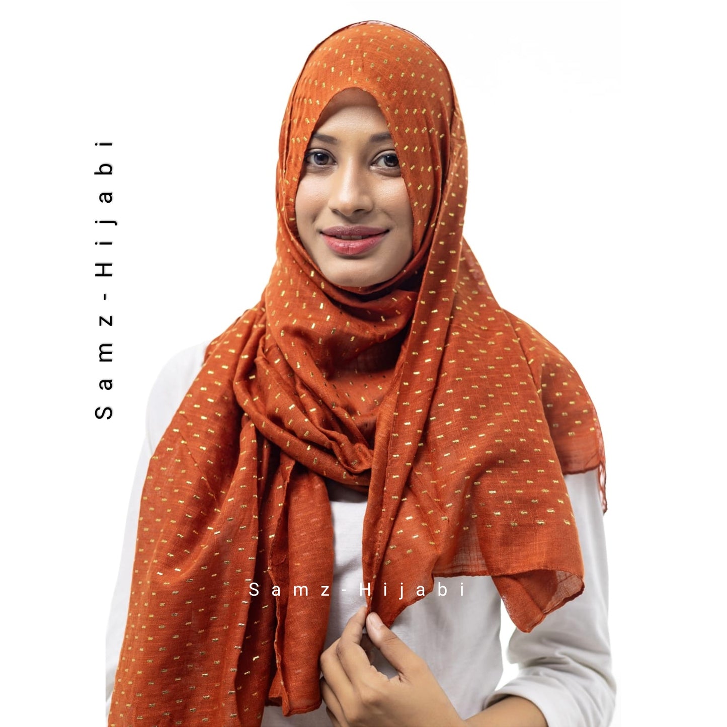 Gold Turkish Mukesh Lawn Hijab-Burnt Orange