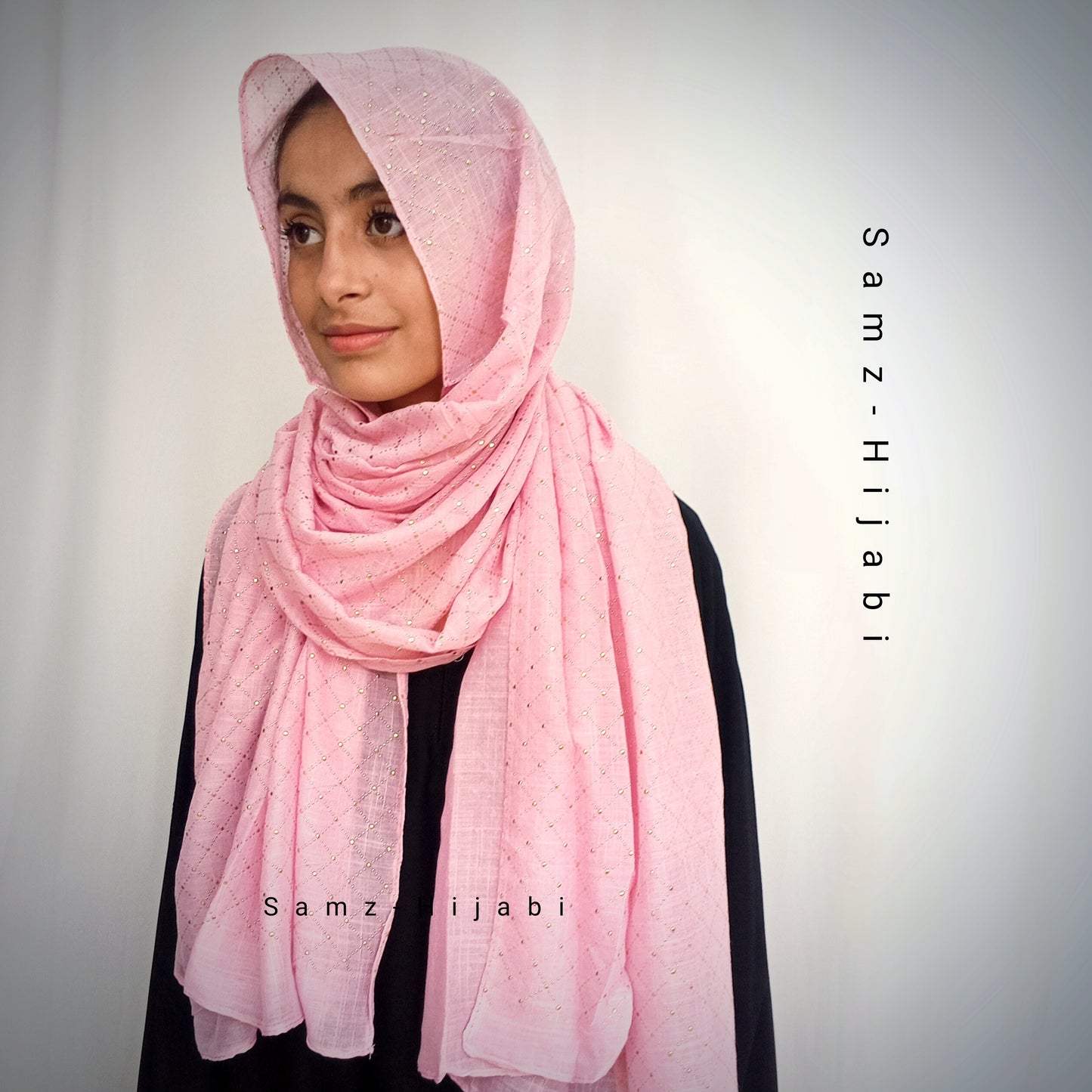 Gold Mukesh Check Lawn Hijab-Pink