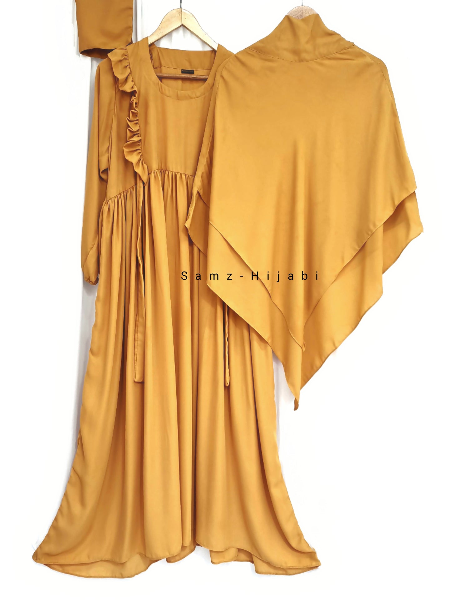 Double Layer Khimar with Abaya Set-Mustard