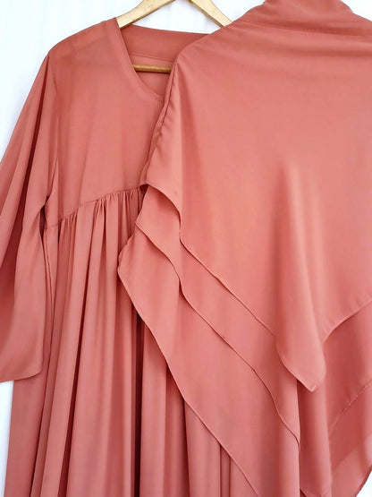 Three Layer Khimar Abaya Set-Peach