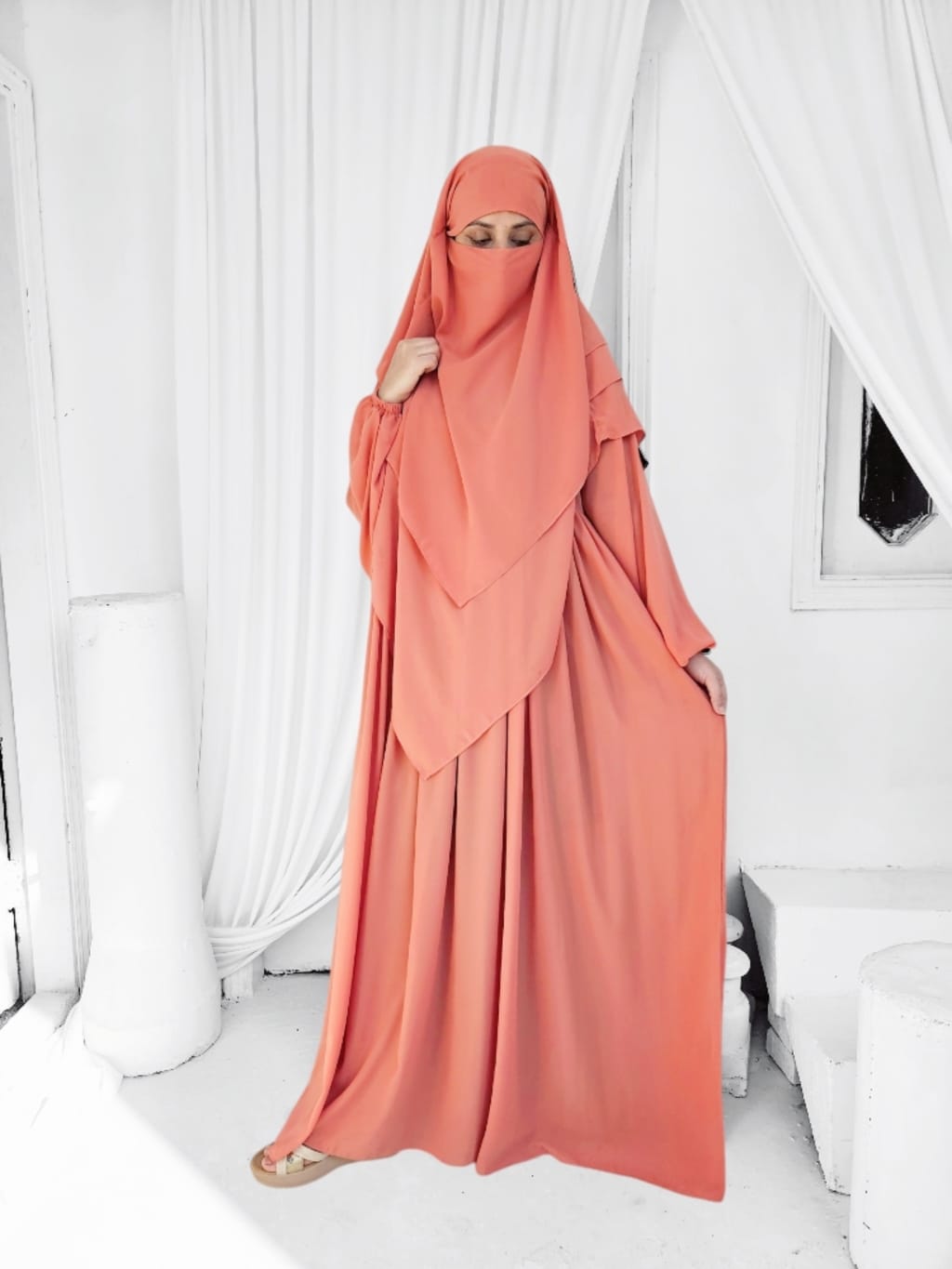 Three Layer Khimar Abaya Set-Peach