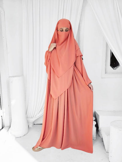 Three Layer Khimar Abaya Set-Peach