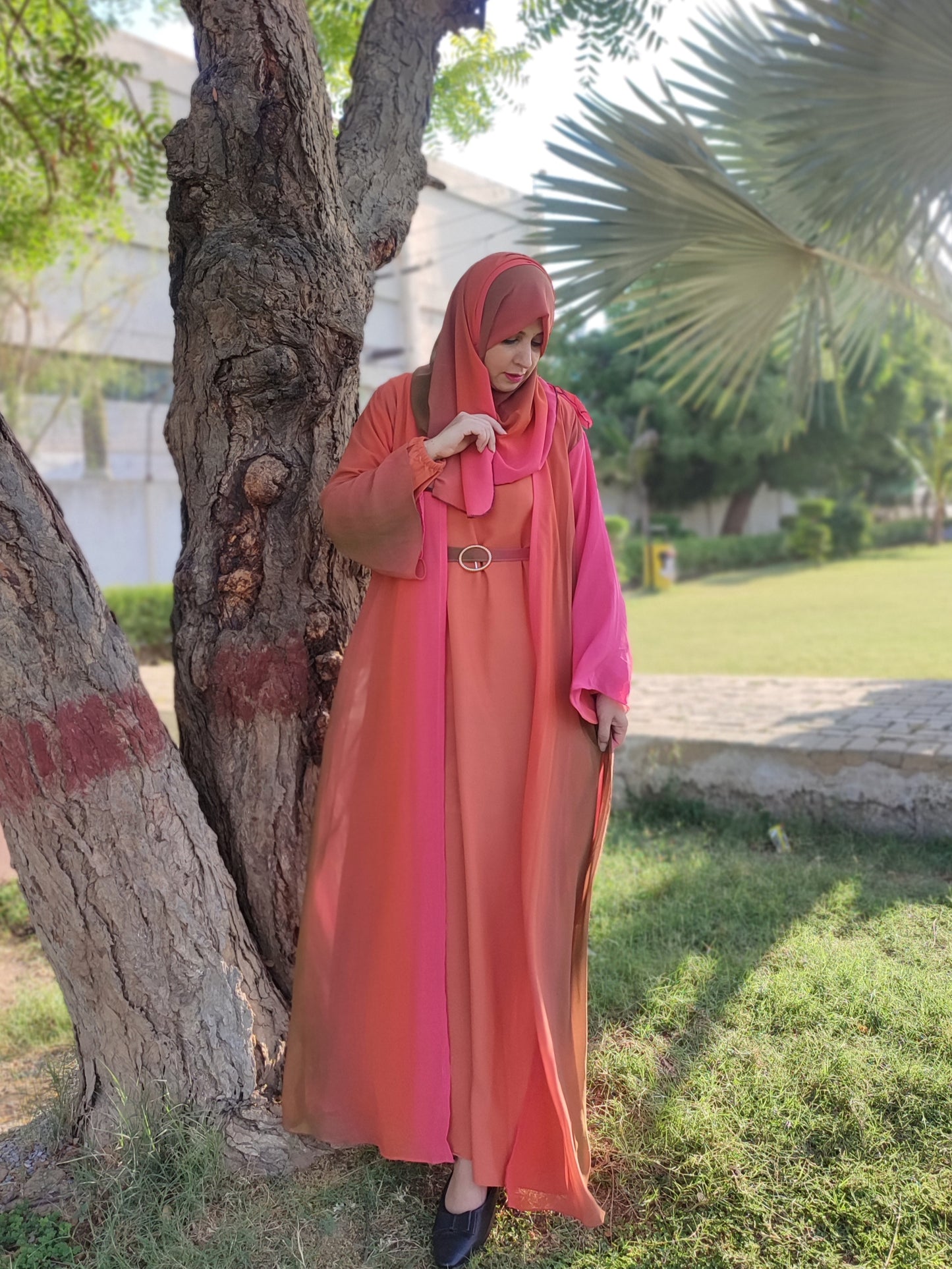 Ombre Intense Separate Upper Abaya Burnt Orange Pink