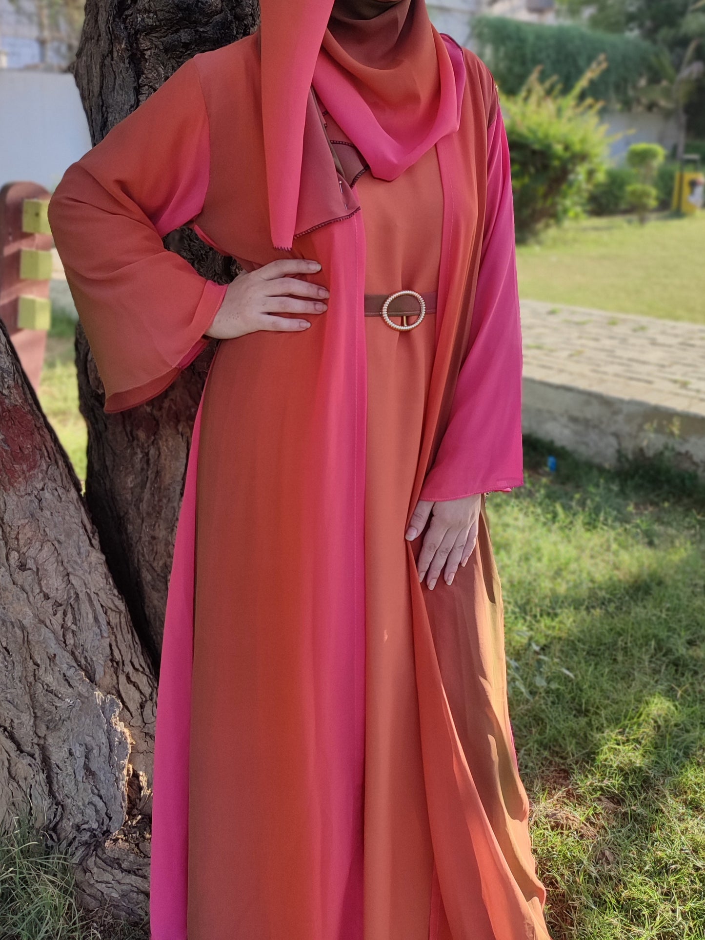 Ombre Intense Separate Upper Abaya Burnt Orange Pink