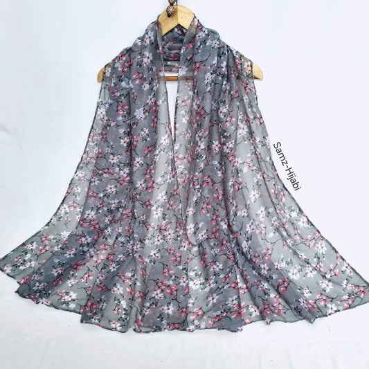 Tiny Flora Printed Lawn Hijab - Light Grey