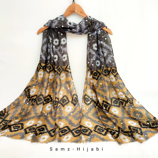 Ajrak Art Foil Lawn Hijab-Mustard Grey