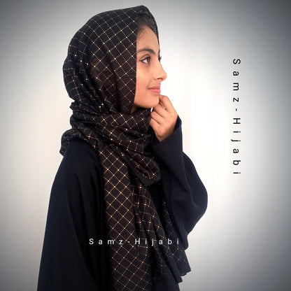 Gold Mukesh Check Lawn Hijab-Black