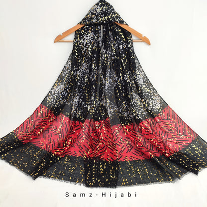 Abstract Art Foil Lawn Hijab-Red Black